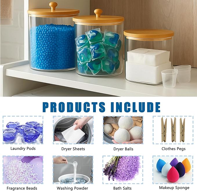 3-Pack Airtight Laundry Storage Containers with Lids - Clear Plastic Detergent Organizers for Laundry Room Organization, Scented Bead Dispenser (2Round2+1Rectangle)