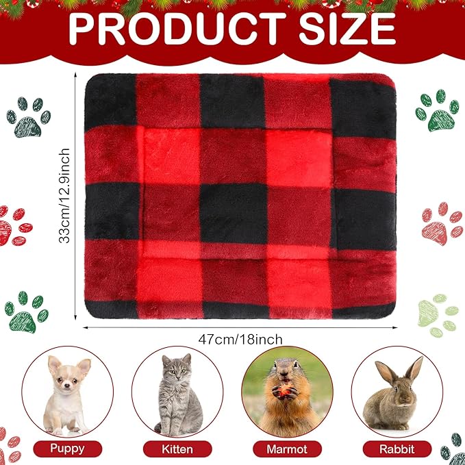 Haull 4 Pcs Waterproof Guinea Pig Bedding Winter Guinea Pig Bed Plush Cage Liners Soft Dog Cat Mat Reversible Winter Cozy Animal Pee Pad Hamster Bed Mat for Bunny(Red Black Plaid,13 x 18.5 Inch)