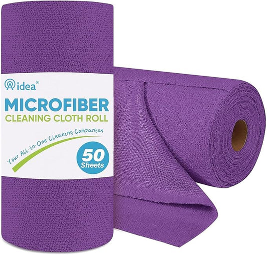 AIDEA Microfiber Cleaning Cloth Roll, 50PK, Reusable Paper Towels Tear Away Cloth, Microfiber Towels for Cars, Lint Free Cleaning Rags for House, Kitchen, Window, 11.5"×11.5", Purple