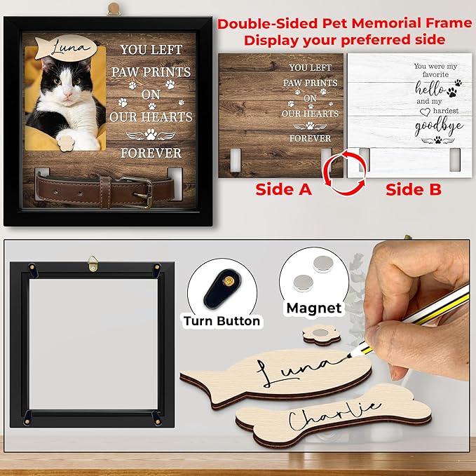 2-Sided Pet Memorial Frame with Collar Holder, Pet Memorial Ornament, Dog Cat Sympathy Card, Loss of Dog Paw Print Keychain, Remembrance Gift for Cat Lovers, Favorite Hello Hardest Goodbye PF225