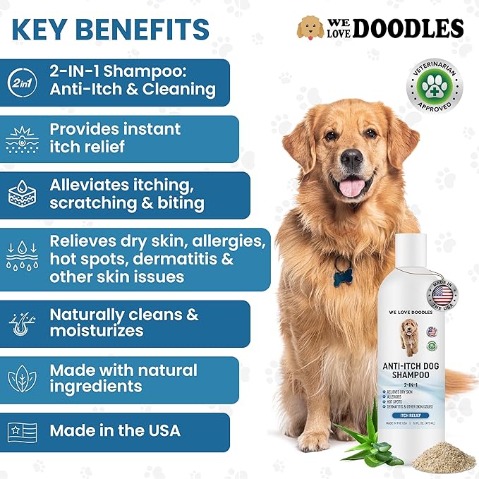 We Love Doodles Anti Itch Dog Shampoo & Slicker Brush - for Sensitive Skin, Dry Skin Treatment, Great for Allergies, Itching Skin, Hot Spots, Allergy Relief, for Grooming Pet Hair, Made in USA