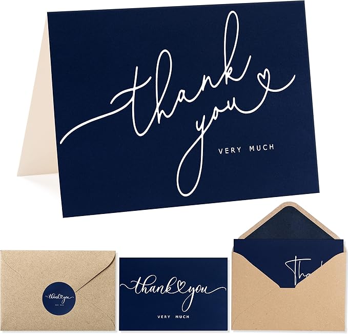 100 Bulk Navy Thank You Cards with Kraft Envelopes and stickers - 4 Minimalistic Designs Blank Thank You Notes with Envelopes Matt for business Wedding Bridal Gift Baby Shower Business Graduation