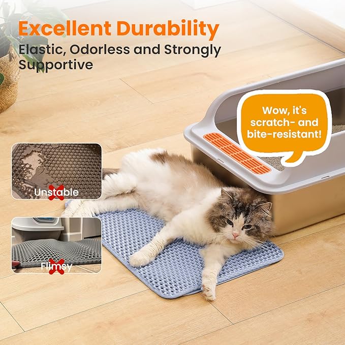 Small Cat Litter Mat, 20x14’’ Double Layer Honeycomb Cat Litter Box Mat, Non Slip Waterproof Urine Proof Litter Trapping Mat for Floor, Kitty Litter Pad, Indoor Pet Supplies, Blue