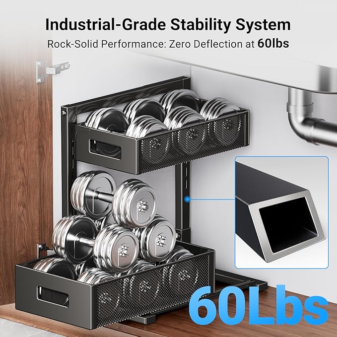 Under Sink Organizer, Metal Under Sink Organizers and Storage, Slide Out Pull Out Cabinet Organizer for Kitchen, Bathroom, Pantry, Laundry, Study, Black