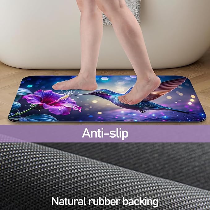Hummingbird Fantasy Bath Mat, Water Absorbent Quick Dry Thin Bathroom Floor Mat, Rug for Bathroom Kitchen 17"x30"