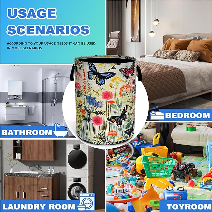 Watercolor Butterfly Laundry Basket Oxford Cloth Flowers Laundry Hamper With Handle Foldable Portable Clothes Storage Basket 18.9 X 16.5 Inch Storage Bag For Laundry Room/Bathroom/Bedroom/Dormitories