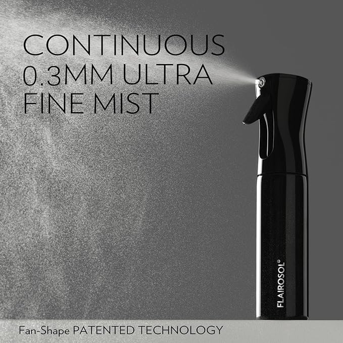 FLAIROSOL Spray Bottle for Hair, Continuous Spray Bottle with 0.3MM Ultra Fine Mist, Water Mister for Hairstyling, Cleaning, Plants, Pets, 10.1oz/300ml, Black Bottle, White Print