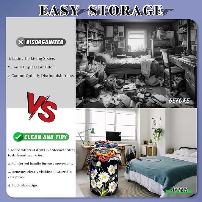 Cute Daisy Laundry Basket Foldable Floral Music Notes Laundry Hamper With Handle Oxford Cloth Portable Clothes Storage Organizer Basket 18.9"x16.5" Laundry Bag For Laundry Room/Bedroom/Bathrooms