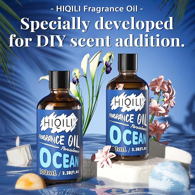 HIQILI Ocean Essential Oil 100ml - Clean Fresh Fragrance Oil for Home Diffuser, Laundry, Car Freshies, Aromatherapy, Candle Soap Perfume Making Kit 3.38 Fl Oz