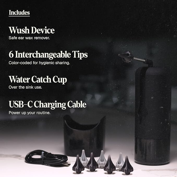 Wush Pro By Black Wolf- Deluxe Water Powered Ear Cleaner- Safe & Effective- Electric Triple Jet Stream 3 Pressure Settings For Ear Wax Buildup- Ear Wax Removal Kit- Water Resistant USB Rechargeable