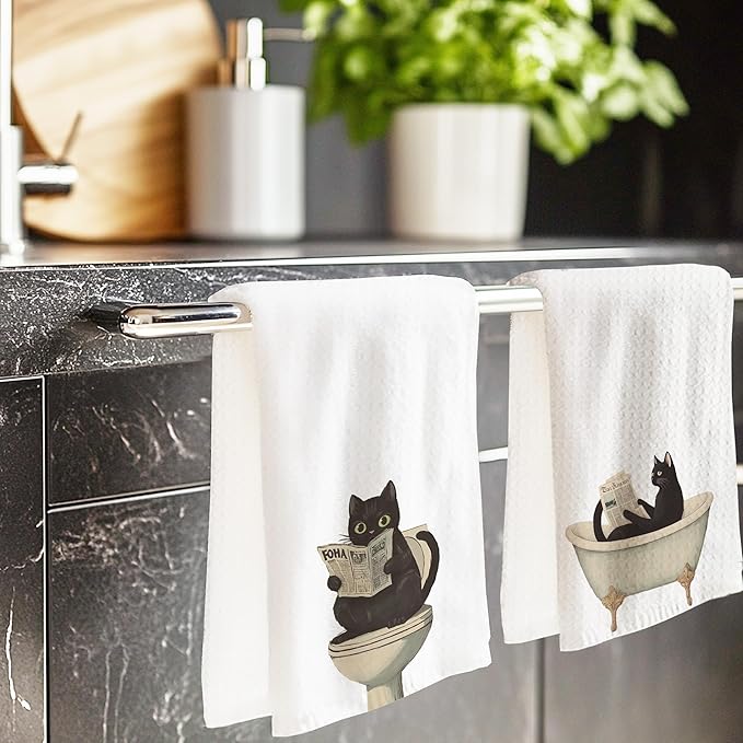Cabana Bro Funny Black Cat Bathroom Hand Towels, Black Cat Gifts, Funny Kitty Read Newspaper Decorative Hand Towels for Kids Bath Room Washroom Spa Dorm, 16x24 Inch Set of 2