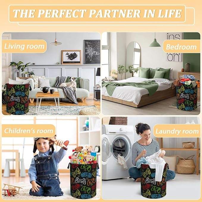 Colorful Game Joystick Silhouettes Laundry Hamper Bag With Waterproof Liner - Round Laundry Basket Foldable Clothes Storage Organizer For Bathroom Bedroom Nursery Dorm, M-19.6"X 15.7"