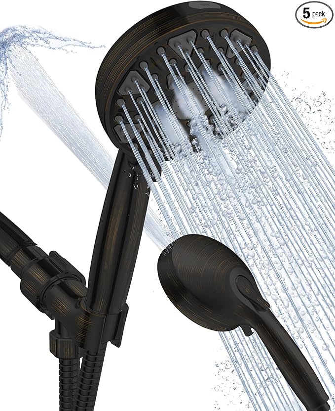 High Pressure Shower head with Handheld 7 Modes, Built-in Power Wash to Clear Tub. Tile &Pets, 5” High Flow Hand Held Rain Showerhead with Stainless Steel Hose and Adjustable Bracket-Oil Rubbed Bronze