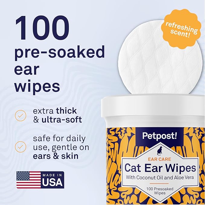 Petpost | Cat Ear Cleaner Wipes - Ultra Soft Cotton Pads in Coconut Oil Solution - Treatment for Removing Cat Ear Dirt & Wax 100 ct.