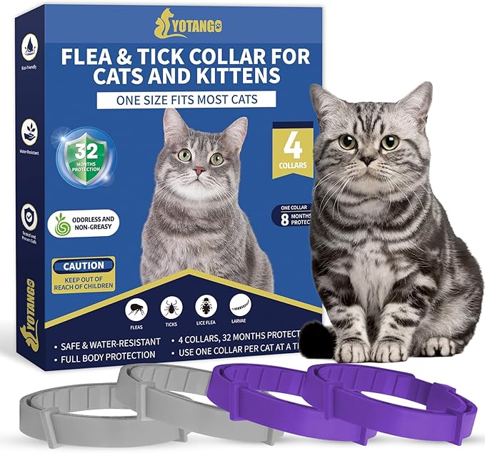 4 Pack Flea Collar for Cats, 32 Months Flea and Tick Prevention for Cat, Waterproof Cat Flea Collar, Natural Flea Treatment, Adjustable Fleas and Ticks Collars for Cats Kittens(Grey&Purple)