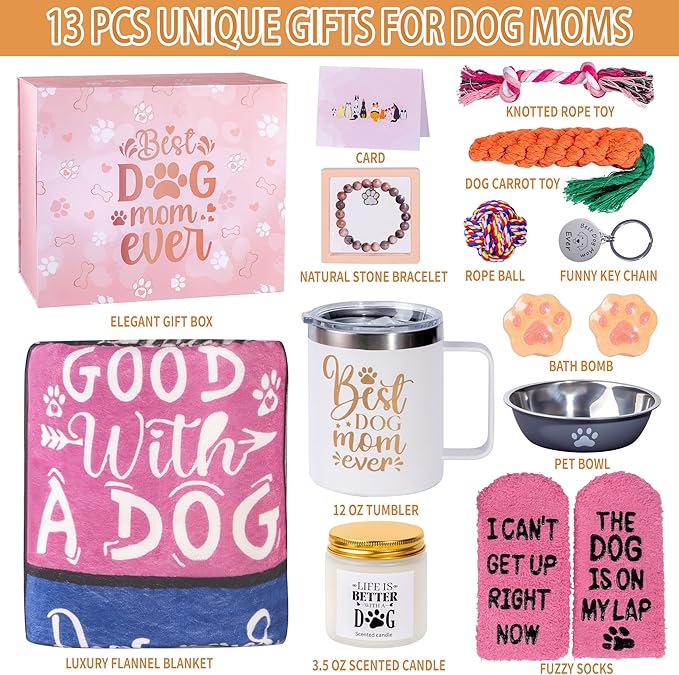 13Pcs Best Dog Mom Gifts for Women, Gift Baskets, Unique Dog Mom Birthday Gifts for Dogs Lovers, with Luxurious Flannel Blankets Gift for Owners for Birthdays, Christmas, and Mother's Day