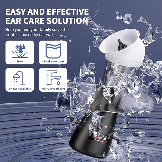 Upgraded Ear Wax Removal Kit, 4-Mode Electric Ear Cleaner - IPX7 Waterproof, Earwax Cleaning Kit with Water Temperature Sensor, 2in1 Waste Tank Design for Home Use（White）