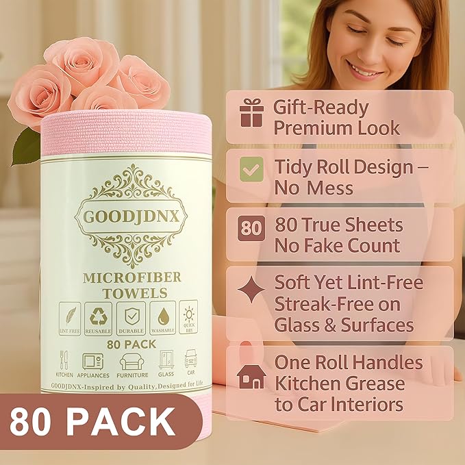 Microfiber Cleaning Cloth Roll – 80 Pack, 12"x 12", Tear-Off Reusable Towels, Washable, Lint-Free, Ultra Absorbent Dish Rags for Kitchen, Car, Garage, Home