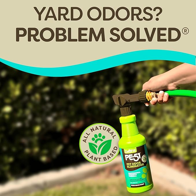 Zeofill PE-51 Pet Odor Eliminator – Urine Odor Neutralizer with Max Flow Garden Hose Spray Nozzle | Pet, Turf & Yard Smell Remover | Cat & Dog Pee Deodorizer Spray | All Natural Enzymes | 32oz Bottle