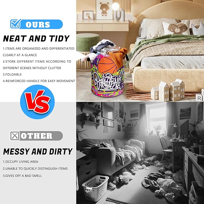 Basketball Laundry Basket Oxford Cloth Funny Sports Laundry Hamper With Handle Foldable Portable Clothes Storage Basket 18.9 X 16.5 In Storage Bag For Laundry Room/Bathroom/Bedroom/Dormitories