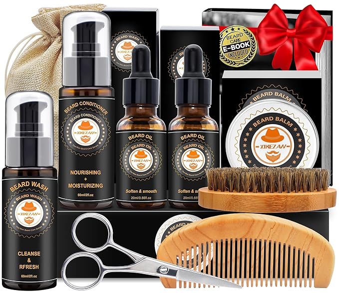 XIKEZAN Beard Kit for Mens Care & Grooming Sets with 2 Pack Beard Oils, Wash, Conditioner, Balm, Brush, Comb & Scissors, Birthday Gifts for Men Him,Valentines Christmas Gifts Mens Stocking Stuffers