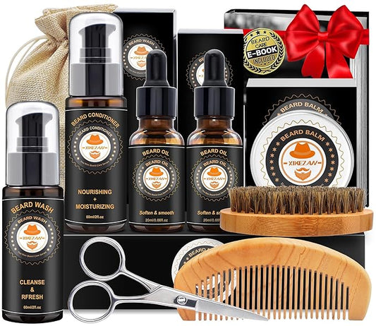 XIKEZAN Beard Kit for Mens Care & Grooming Sets with 2 Pack Beard Oils, Wash, Conditioner, Balm, Brush, Comb & Scissors, Birthday Gifts for Men Him,Valentines Christmas Gifts Mens Stocking Stuffers