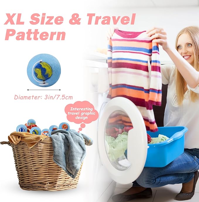Wool Dryer Balls XL Size 6 Pack - Fun Dryer Balls with Ocean Pattern Cute Dryer Balls Laundry Reusable Anti Static Handmade New Zealand Wool Balls (Travel Pattern)