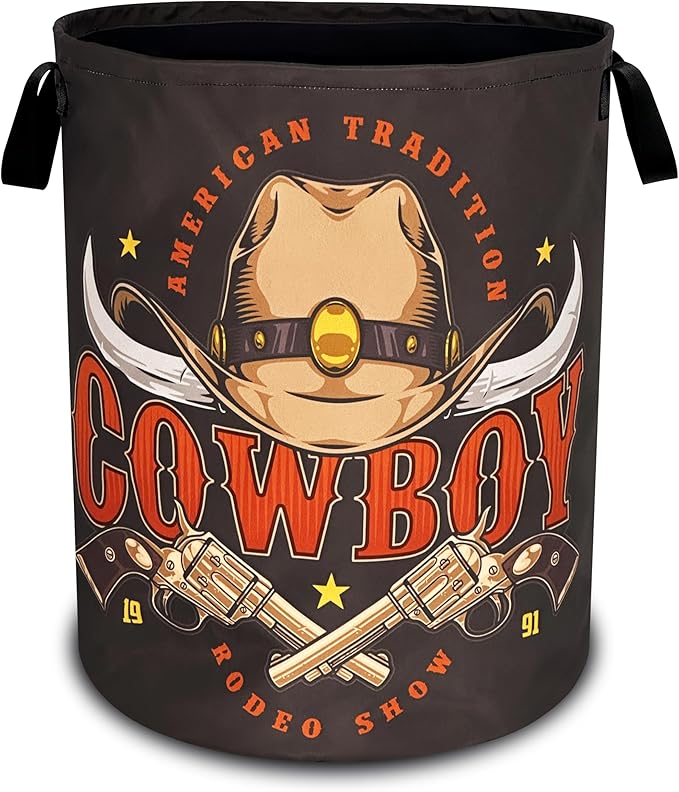 Western Cowboy Laundry Basket Cowboy Hat Oxford Cloth Laundry Hamper With Handle Foldable Portable Clothes Storage Basket 18.9 X 16.5 Inch Storage Bag For Laundry Room/Bathroom/Bedroom/Dormitories