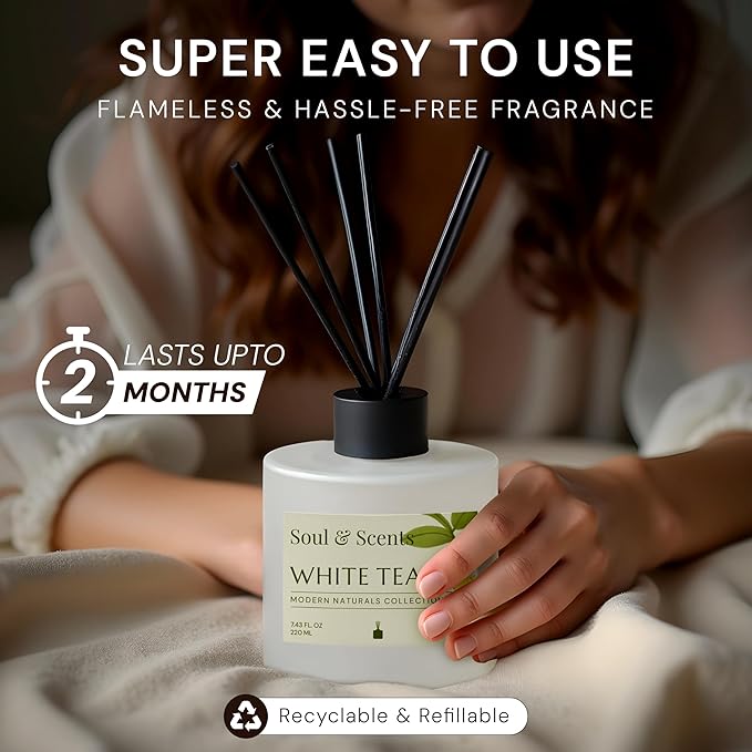 Soul & Scents Reed Diffuser Set – White Tea | 7.43 oz Refillable Scented Oil with 6 Fiber Sticks | Long-Lasting Home Fragrance & Air Freshener for Bedroom, Bathroom, Office | Gift & Décor Piece
