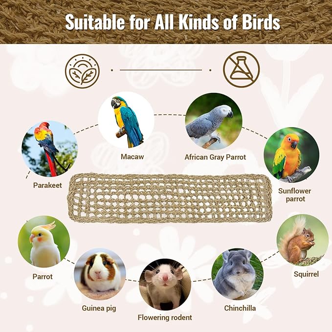 29.5 x 7 inches Large Bird Seagrass Mat Grass Woven Net Parrot Hammock Mat Parakeet Climbing Rope Ladder with Hooks Bird Cage Accessories for Conure Cockatiel Budgie Macaw