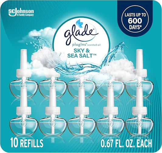 Glade PlugIns Refills Air Freshener, Sky & Sea Salt, Scented and Essential Oils for Home and Bathroom, 0.67 Fl Oz, 10 Count
