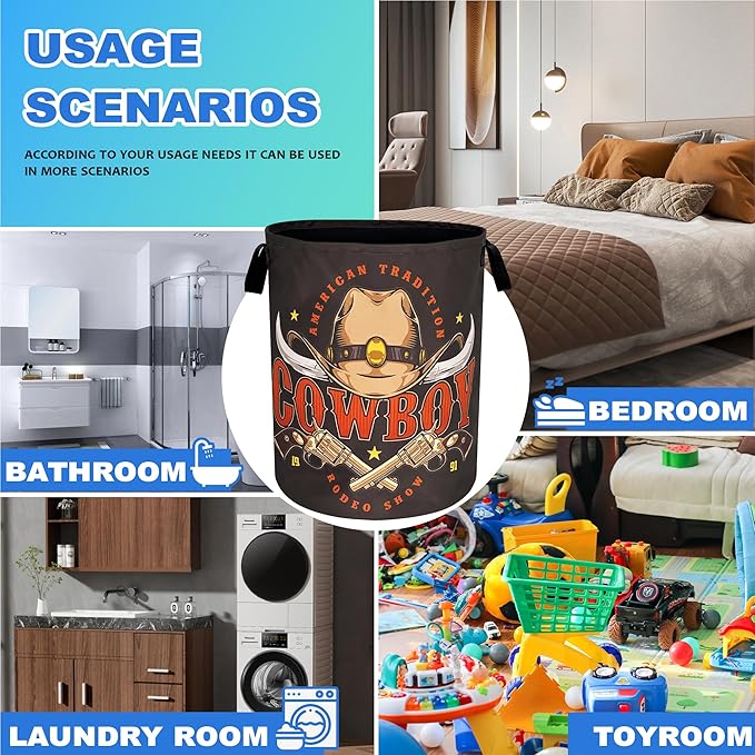 Western Cowboy Laundry Basket Cowboy Hat Oxford Cloth Laundry Hamper With Handle Foldable Portable Clothes Storage Basket 18.9 X 16.5 Inch Storage Bag For Laundry Room/Bathroom/Bedroom/Dormitories
