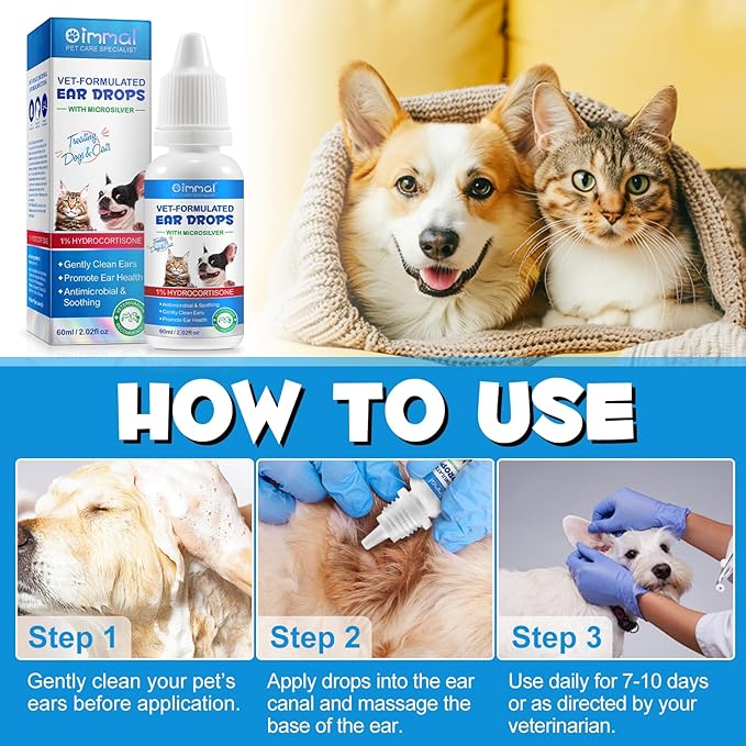 2 Pack Cat & Dog Ear Infection Treatment Drops, Ear Cleaner to Soothe and Relieve Itchness, with 1% Hydrocortisone for Dog Ear Infections, Prevents Inflammatio, Treats Ear Infections