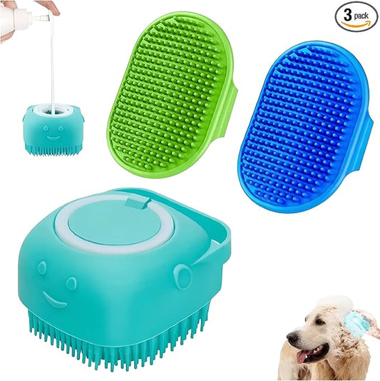 3-Pack Dog Bath Brush with Shampoo Dispenser – Silicone Dog Scrubber for Bathing & Grooming, No-Slip Handle, Deep Cleaning & Shedding Tool, Pet Massage Brush for Small & Large Dogs