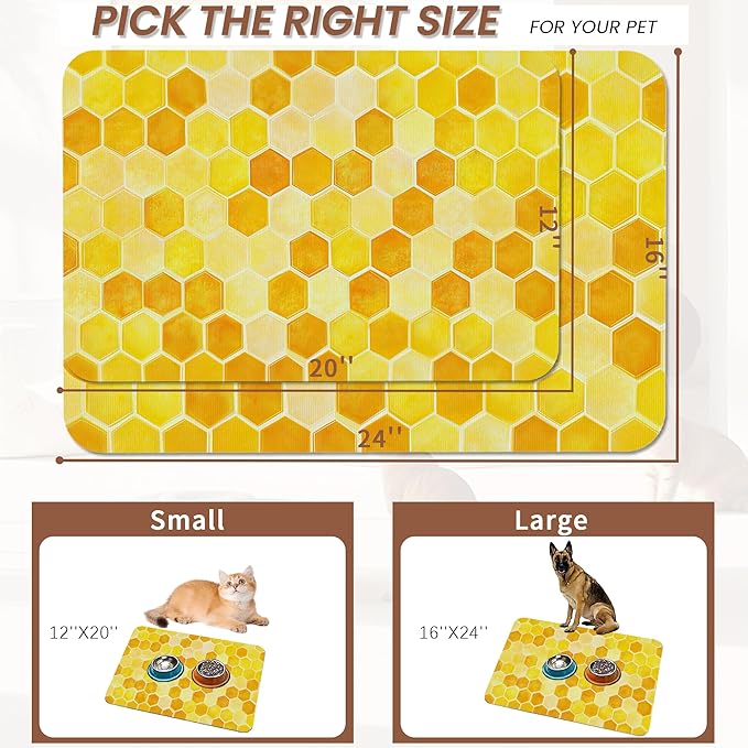Honeycomb Bee Geometric Dog Food Mat for Floors,Absorbent Quick-Dry Pet Feeding Mat,Cat Dog Bowl Mats for Food and Water,Non-Slip Pet Accessories Supplies 16"x24"