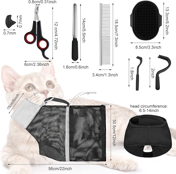 9 Pcs Cat Bathing Bag Set Cat Shower Bag Anti Bite and Scratch for Pet Grooming Washing Brush Comb Muzzle Nail Clipper Nail File Tick Tool(Black)