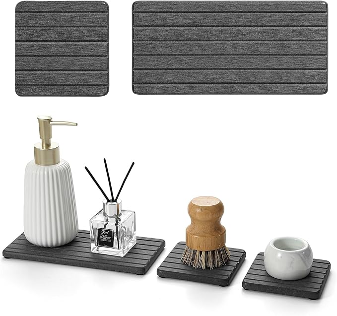 3 Pack Diatomite Stone Sink Tray, Water Absorbing Mat for Kitchen & Bathroom Counter, Quick Dry Soap Dish Makeup Vanity Caddy,Sponge Holder Organizer, Dark Gray 1pc of 8"x 3.8" and 2pcs of 3.8"x 3.8"