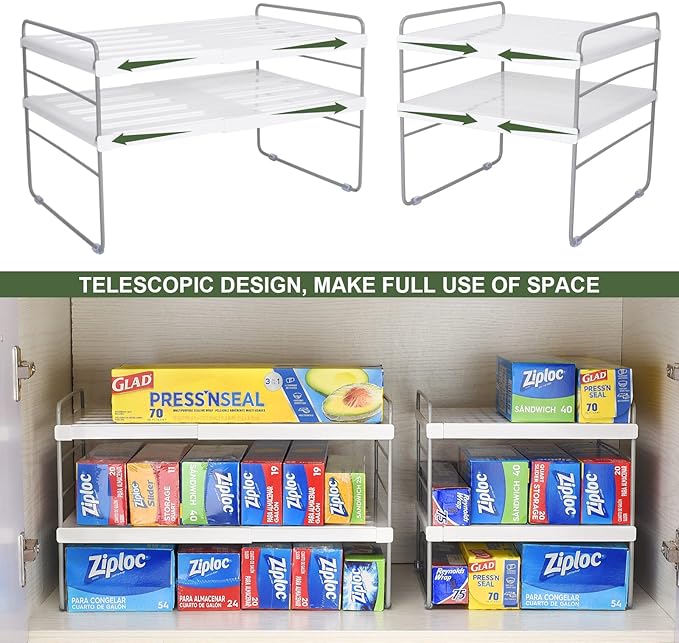 2 Pack Expandable Kitchen Wrap Organizer Rack, Height & Width Adjustable Aluminum Foil and Plastic Wrap Organizer for Pantry, Cabinet Food Wrap Organization and Storage - (3 Tier 9.8 to 15.6"L)