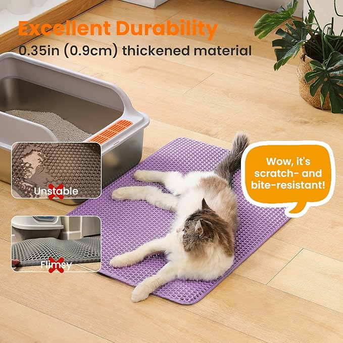 Extra Large Cat Litter Mat, 30x22 Inches Honeycomb Double Layer Cat Litter Trapping Mat, Non Slip Waterproof Urine Proof Large Kitty Litter Box Mat for Floor, Kitten Supplies, XL, Purple