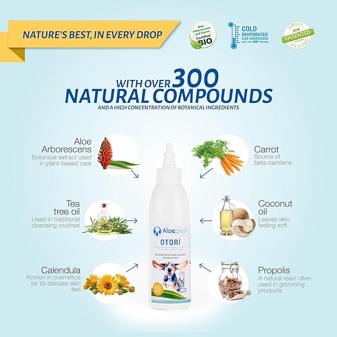 Otorì Cat and Dog Ear Cleaner 125ml - Ear Drops for Dogs and Cats, 100% Natural Organic Aloe Arborescens, Tea Tree Oil, Soothing and Emollient, Against Dog Itching, Mites, Wax