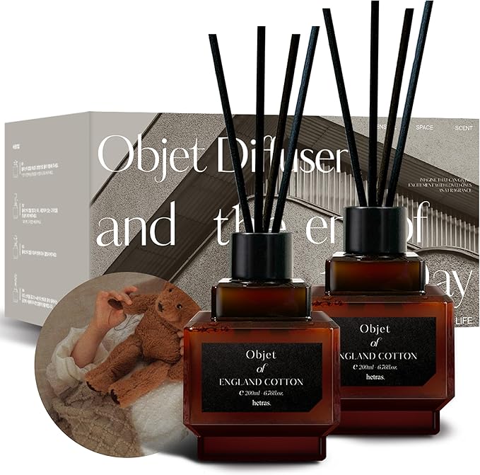 hetras Objet Diffuser Gift Set 6.7 fl.oz. 2 Pack | England Cotton - Soft & Clean Scent | Long-Lasting Scented Room Fresheners with 8 Reed Sticks for Home Fragrance Bedroom Bathroom Shelf Décor