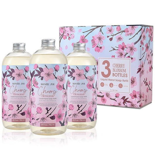 ROMIIE ZOI Cherry Blossom Liquid Hand Soap Refill Gift Set – 3 Pack (26 Fl Oz Each), Moisturizing & Gentle, Biodegradable Formula with Essential Oils for Spa, Kitchen, Bathroom