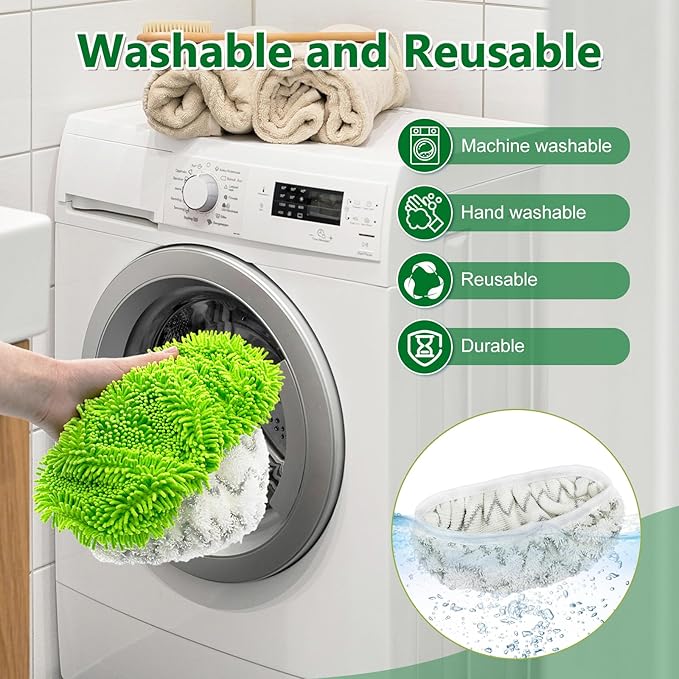 4 Pack Reusable Mop Pads Compatible with Swiffer Sweeper Mop,Wet Pads Refill & Dry Sweeping Cloths,Chenille & Microfiber Refill Pads for Wood Floor Cleaning,Washable Wet Mopping Cloths,Green & Gray