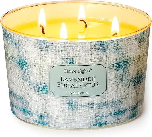 HomeLights Soy Wax Candles for Home Scented, 4-Wick Candles in Lavender Eucalyptus Scented, Aromatherapy Candles Gift for Parties, Relaxing, Scandinavian Minimalist Design, 18oz