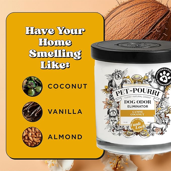 Pet-Pourri Canine Coconut Dog Deodorizer Candle – Puppy & Dog Safe – Plant Based Ingredients & Wax – Vet Approved – Aromatherapy & Air Freshener for Pet Odor – Scented with Bamboo, Jasmine & Pear
