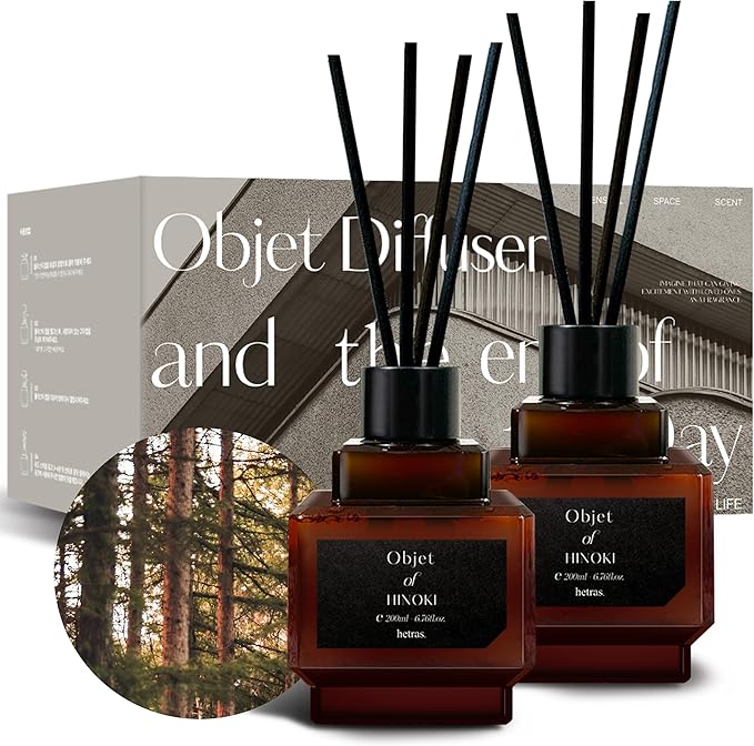 hetras Objet Diffuser Gift Set 6.7 fl.oz. 2 Pack | Hinoki Cypress Scent | Long-Lasting Scented Room Fresheners with 8 Reed Sticks for Home Fragrance Bedroom Bathroom Shelf Décor