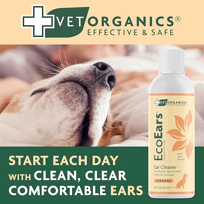 Vet Organics EcoEars Dog Ear Cleaner Solution–8 Oz. Natural Dog Ear Multi-Action Formula for Large or Small Canines – Ear Drops to Alleviate Itchy Ears, Shaking, & Otic Discharge–Puppy Supplies 2pk