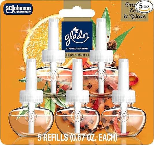Glade PlugIns Refills Air Freshener, Orange Zest & Clove, Scented and Essential Oils for Home and Bathroom, 0.67 Fl Oz, 5 Count