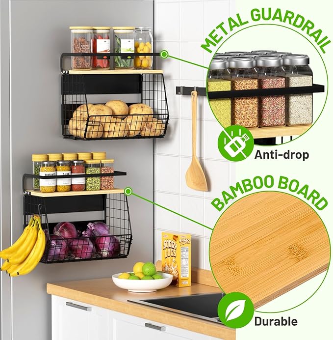 2 Set Magnetic Shelf for Refrigerator with Wood Lid, Fruit Potato & Onion Storage Bins, Pantry Organizers & Storage, Large Container Magnetic Spice Rack for Refrigerator, Kitchen Counter, Cabinet