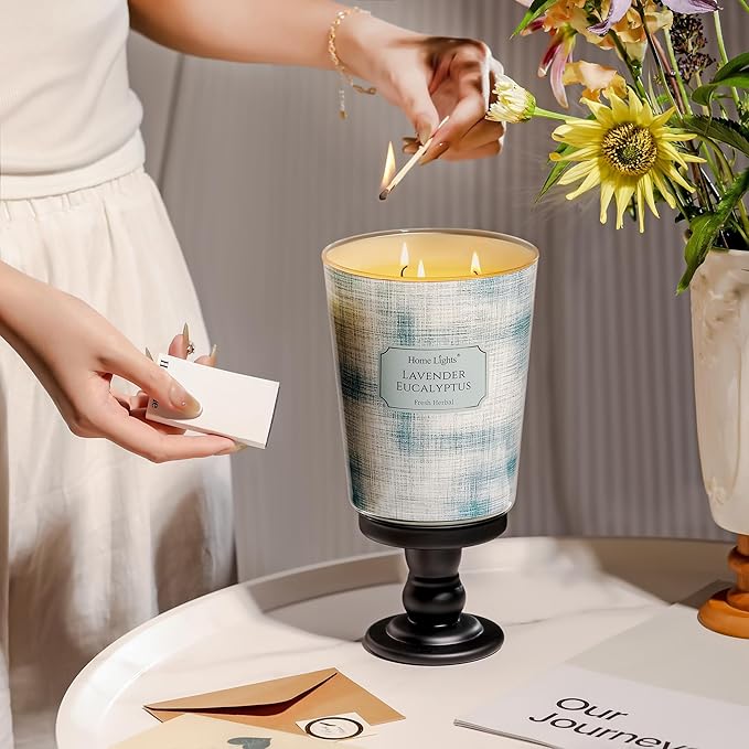 HomeLights 3-Wick Candles for Home Scented - 34oz Soy Wax Blend Candle Long-Lasting Fragrance, Scandinavian Minimalist Design Home Decor and Housewarming Gifts, Lavender Eucalyptus